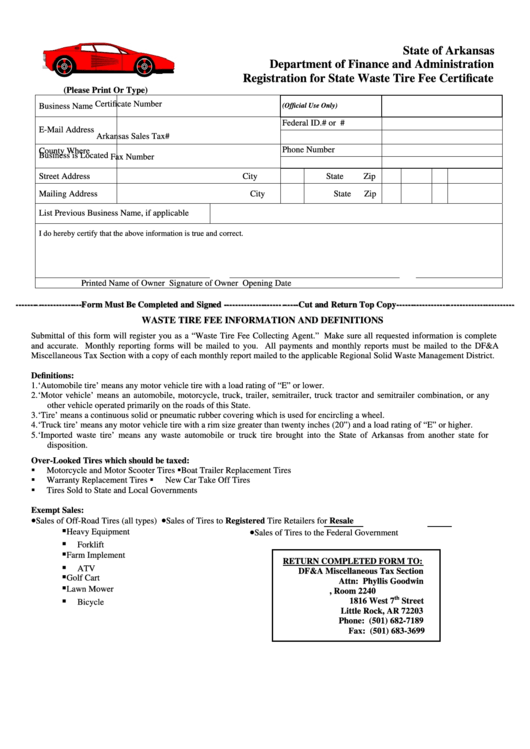 Fillable Registration For State Waste Tire Fee Certificate - Arkansas Department Of Finance And Administration Printable pdf