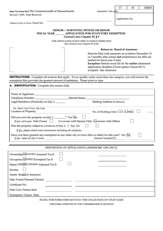 Fillable State Tax Form 96-6 - Senior-Surviving Spouse Or Minor Application For Statutory Exemption - 2009 Printable pdf