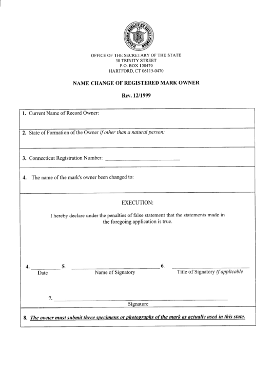 Name Change Of Registered Mark Owner - Connecticut Secretary Of State Printable pdf