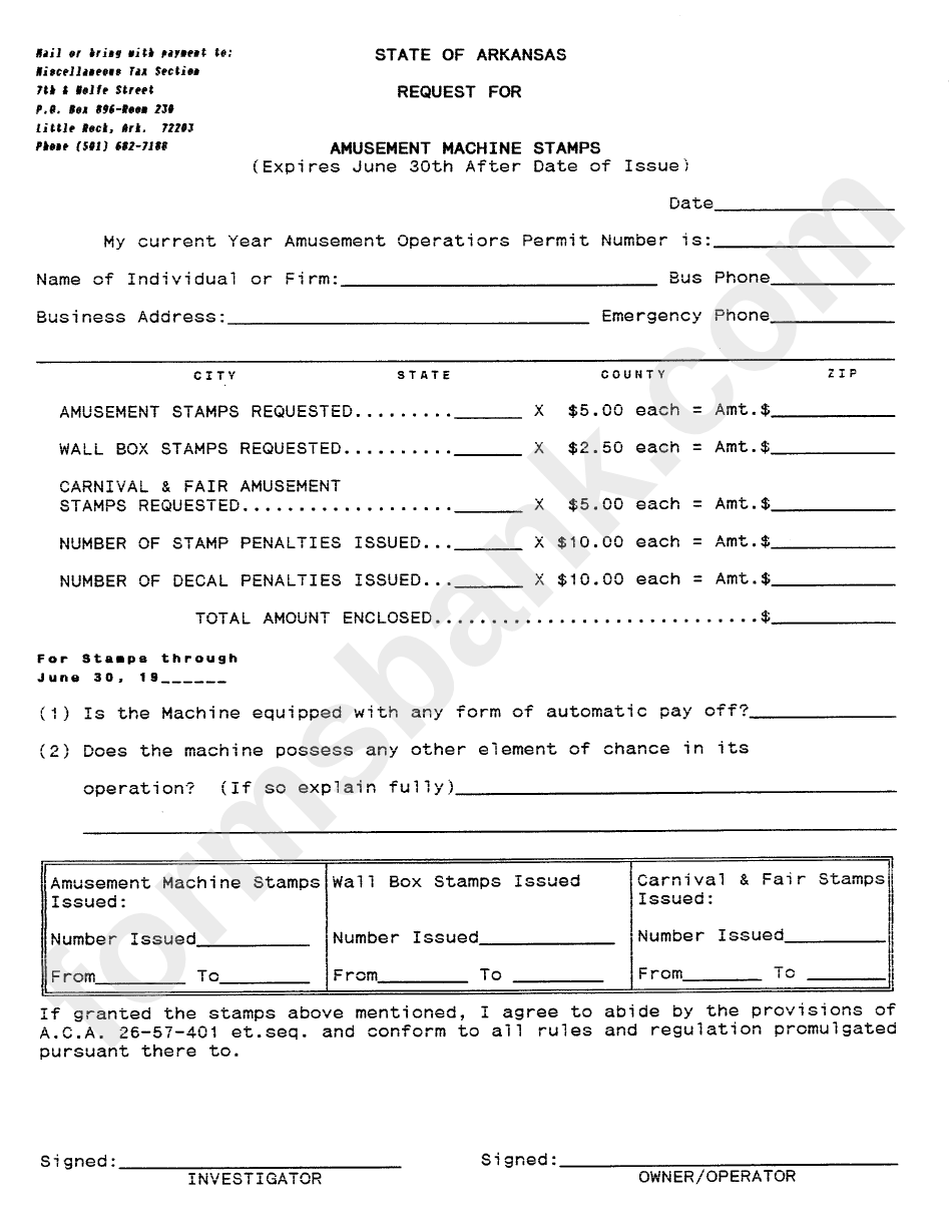 Request For Amusement Machine Stamps - State Of Arkansas