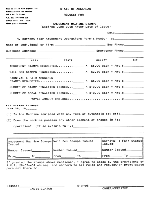 Fillable Request For Amusement Machine Stamps - State Of Arkansas Printable pdf