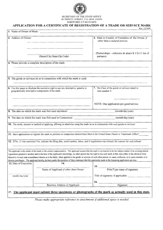 Application For A Certificate Of Registration Of A Trade Or Service Mark - Connecticut Secretary Of State Printable pdf