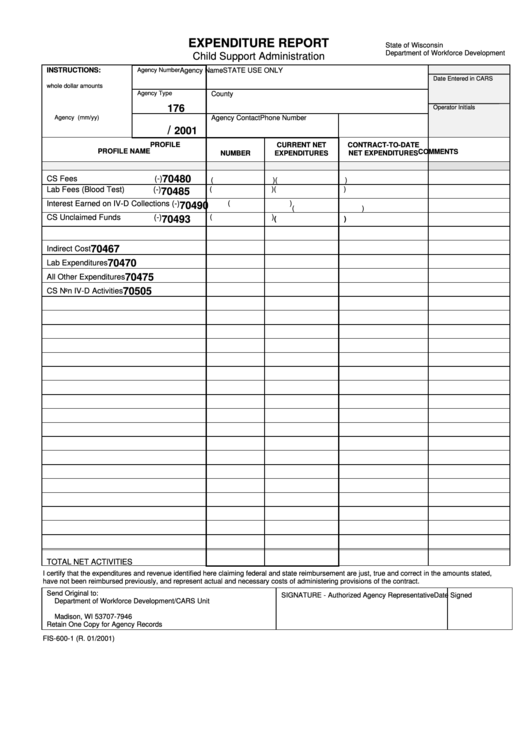 Form Fis-600-1 - Expenditure Report - Wisconsin Department Of Workforce Development Printable pdf