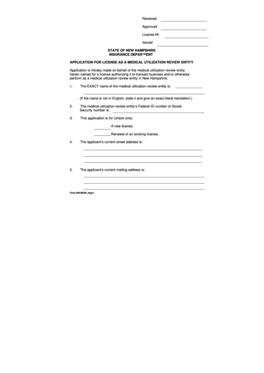 Application For License As A Medical Utilization Review Entity - New Hampshire Insurance Department Printable pdf