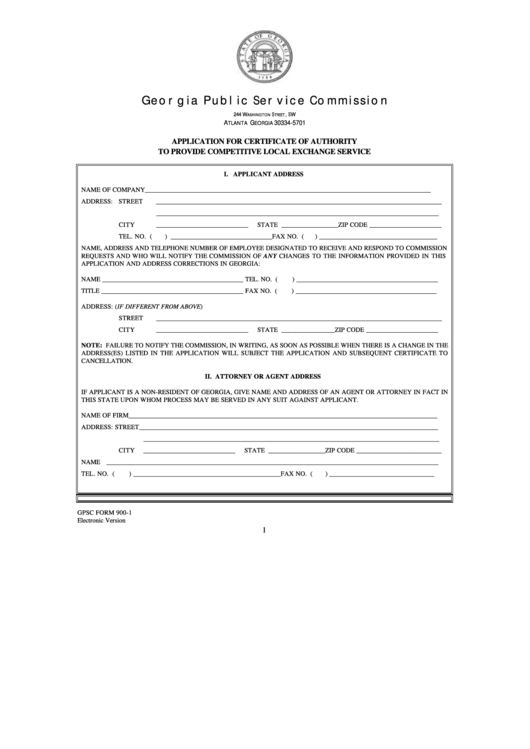 Gpsc Form 900-1 - Application For Certificate Of Authority To Provide Competitive Local Exchange Service Printable pdf