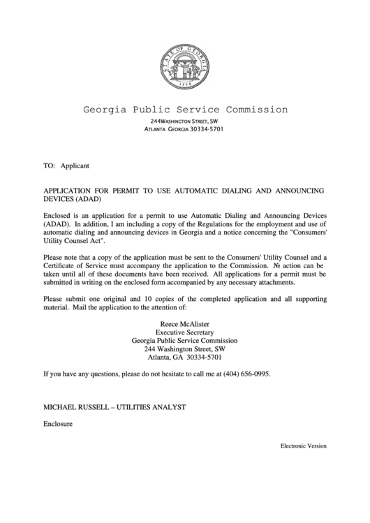 Gpsc Form 500-1 - Application For Permit To Use Automatic Dialing And Announcing Devices (Adad) - Georgia Public Service Commission Printable pdf