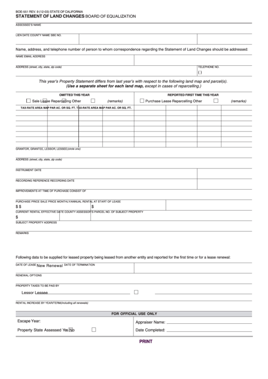 Fillable Form Boe-551 - Statement Of Land Changes - California Board Of Equalization Printable pdf