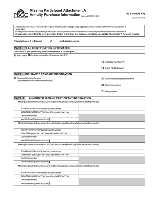 Fillable Attachment A To Schedule Mp - Missing Participant Annuity Purchase Information Printable pdf