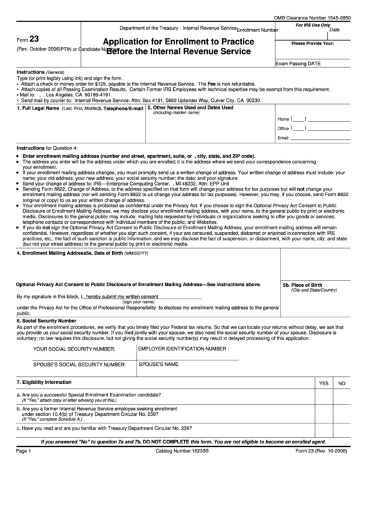 Fillable Form 23 - Application For Enrollment To Practice Before The Internal Revenue Service 2006 Printable pdf