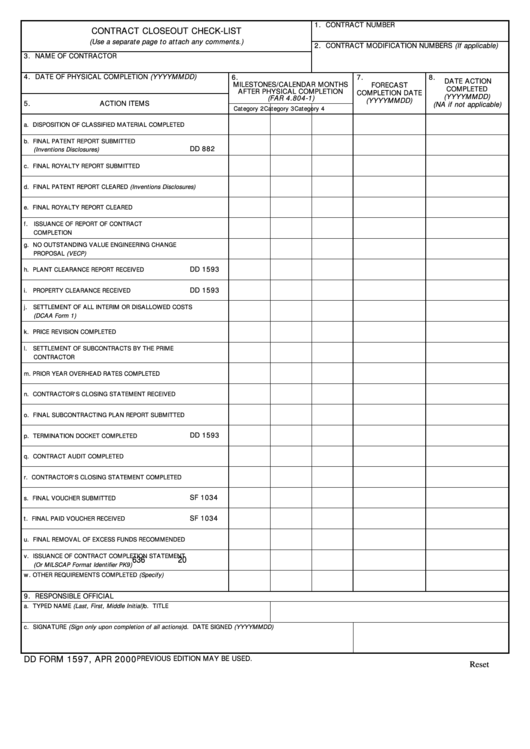 Fillable Dd Form 1597 - Contract Closeout Check-List Printable pdf