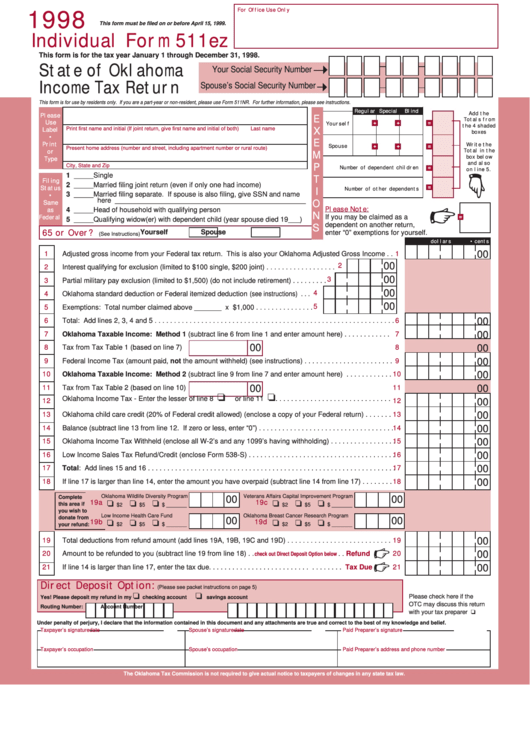 Fillable Individual Form 511ez - State Of Oklahoma Income Tax Return - 1998 Printable pdf