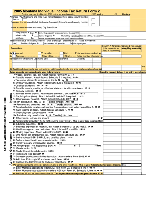 Fillable Form 2 - Montana Individual Income Tax Return - 2005 Printable pdf