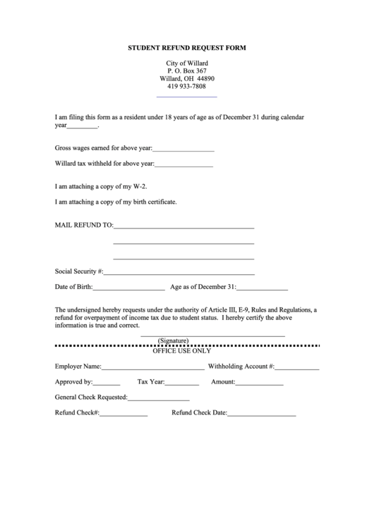 Student Refund Request Form - City Of Willard Printable pdf