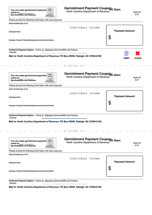 Fillable Form Nc-Garn - Garnishment Payment Coupon - North Carolina Department Of Revenue Printable pdf