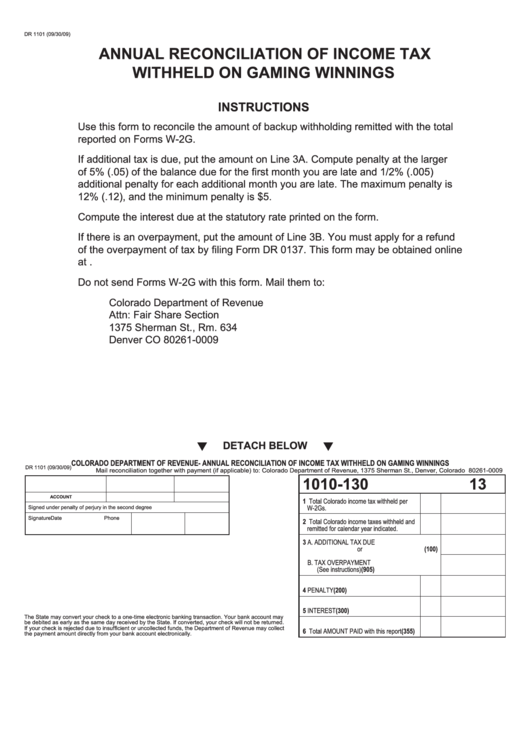 Form Dr 1101 - Annual Reconciliation Of Income Tax Withheld On Gaming Winnings - Colorado Department Of Revenue Printable pdf