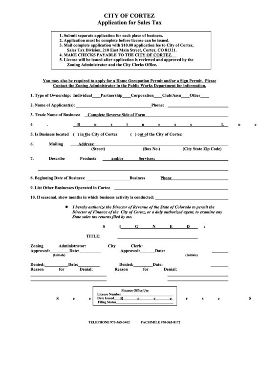 Application For Sales Tax - City Of Cortez Printable pdf