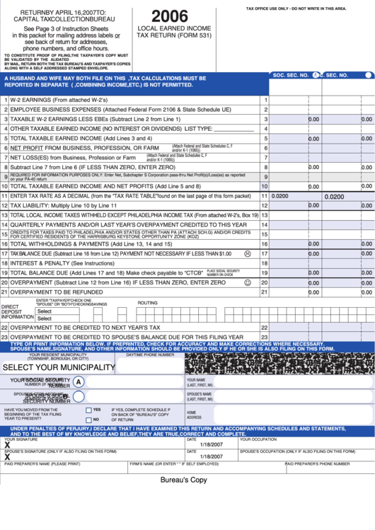 Fillable Form 531 Local Earned Tax Return 2006 printable pdf