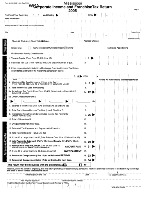 Form 83-105-05-8-1-000 - Corporate Income And Franchise Tax Return - 2005 Printable pdf