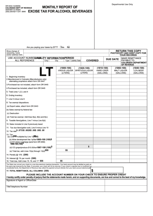 Form Dr 0442 - Monthly Report Of Excise Tax For Alcohol Beverages - Colorado Dept Of Revenue Printable pdf