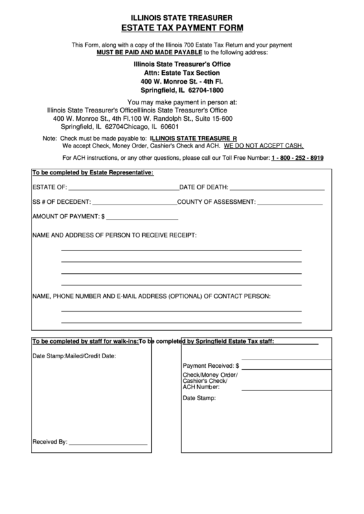 Fillable Estate Tax Payment Form - Illinois State Treasurer Printable pdf