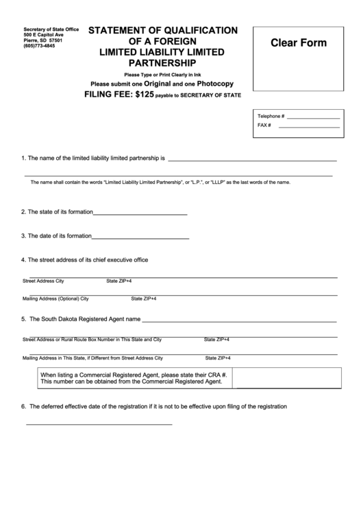 Fillable Statement Of Qualification Of A Foreign Limited Liability Limited Partnership - South Dakota Secretary Of State Printable pdf