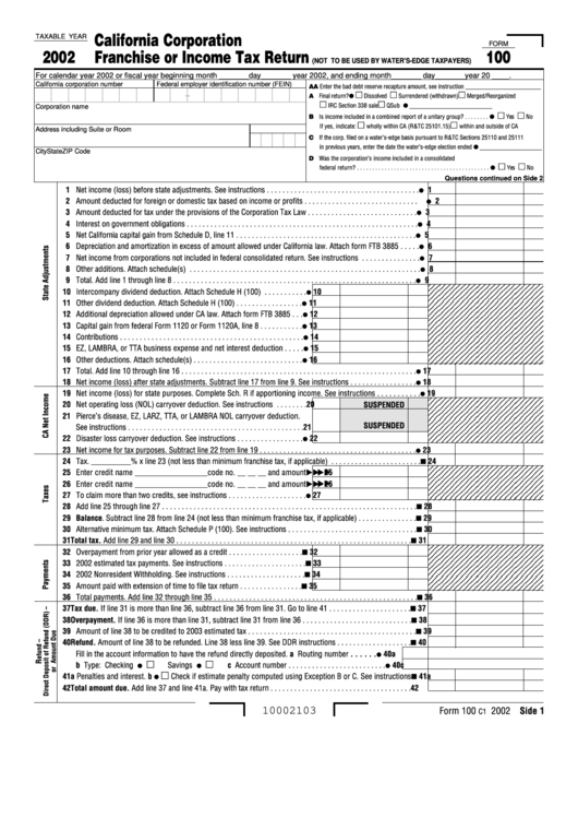 Form 100 - California Corporation Franchise Or Income Tax Return - 2002 Printable pdf