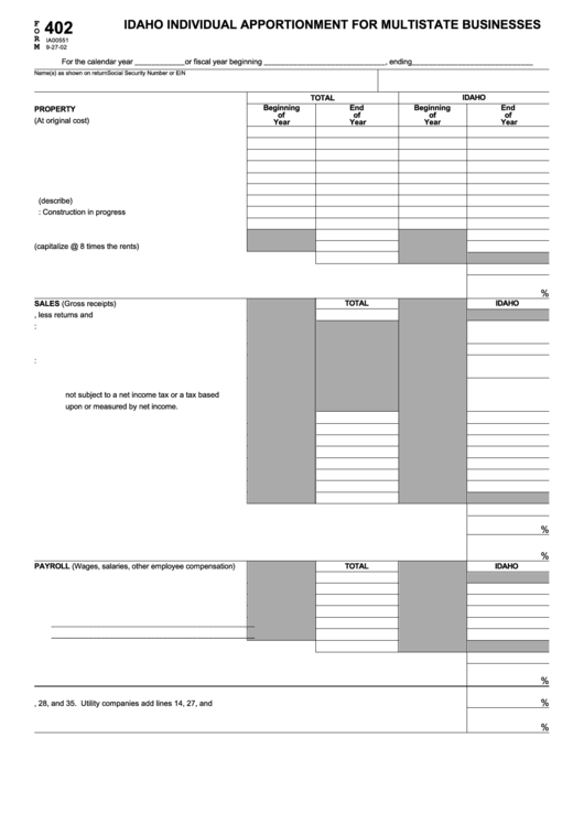 Form 402 - Idaho Individual Apportionment For Multistate Businesses Printable pdf