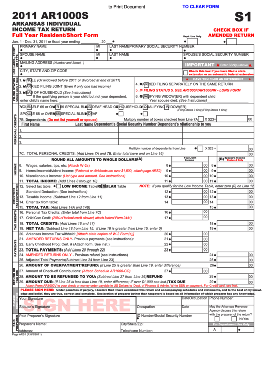 Fillable Form Ar1000s - Arkansas Individual Income Tax Return - 2011 Printable pdf