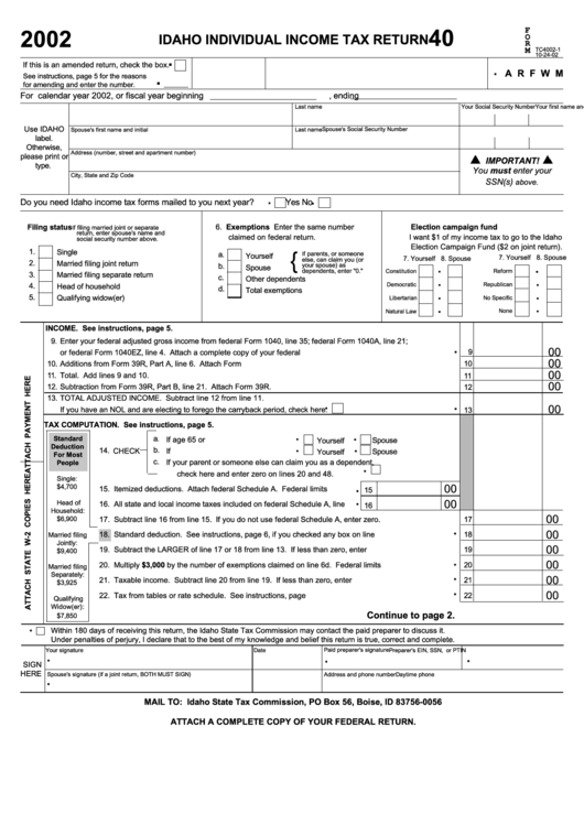 Form 40 - Idaho Individual Income Tax Return - 2002 Printable pdf