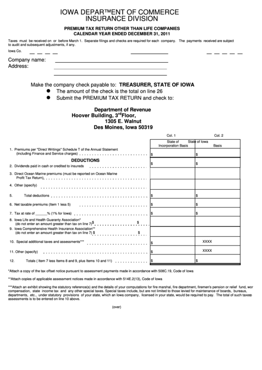 Premium Tax Return Other Than Life Companies Form - 2011 Printable pdf