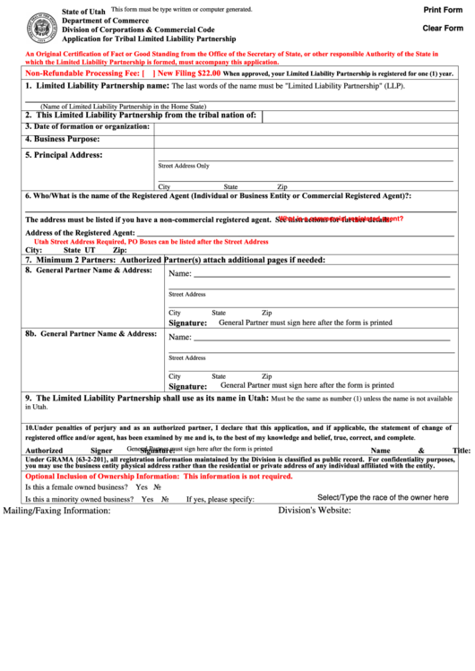 Fillable Application For Tribal Limited Liability Partnership Form Printable pdf