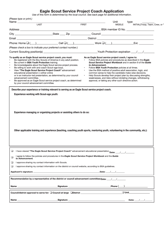 Fillable Eagle Scout Service Project Coach Application Printable pdf