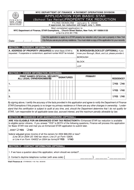 Fillable Form Starbasic-1103 - Application For Basic Star (School Tax Relief) Property Tax Reduction - 2005 Printable pdf