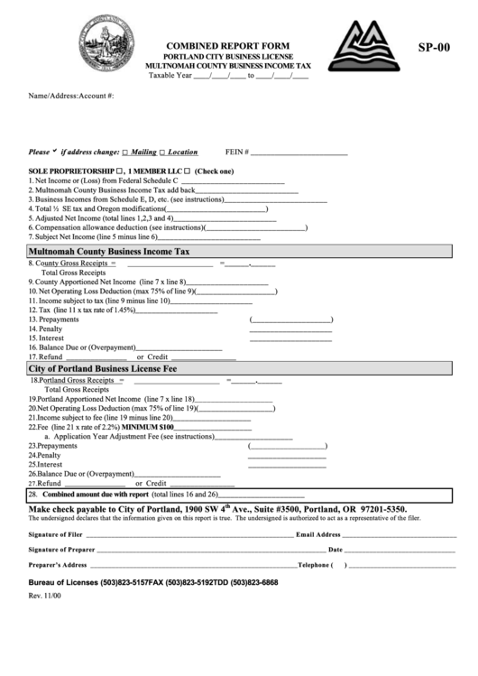 Form Sp-00 - Combined Report Form - Multnomah County Business Income Tax Printable pdf