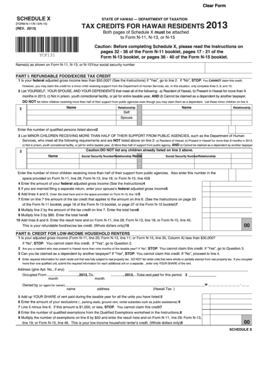 Fillable Form N-11/n-13/n-15 - Schedule X - Tax Credits For Hawaii Residents - 2013 Printable pdf