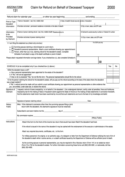Arizona Form 131 - Claim For Refund On Behalf Of Deceased Taxpayer 2000 Printable pdf