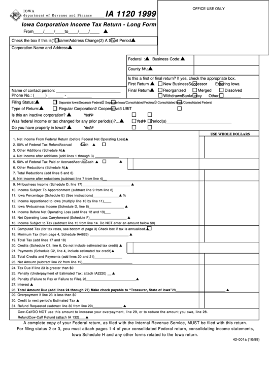 Form Ia 1120 - Iowa Corporation Income Tax Return - Long Form - 1999 Printable pdf