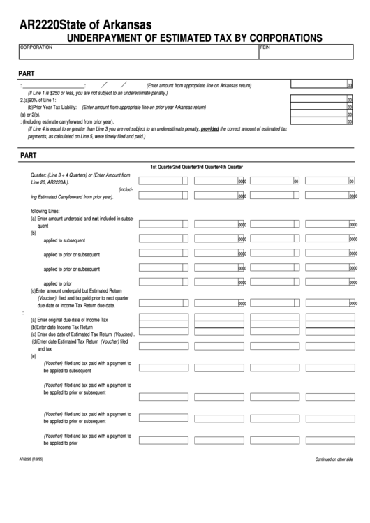 Fillable Form Ar2220 - Underpayment Of Estimated Tax By Corporations Printable pdf