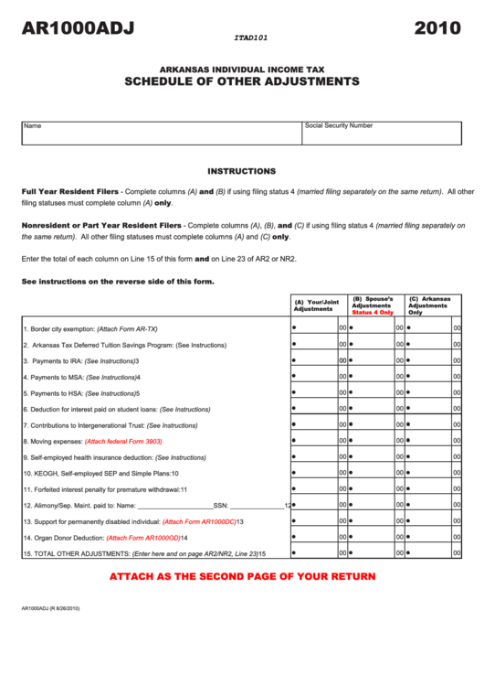 Form Ar1000adj - Schedule Of Other Adjustments - 2010 Printable pdf