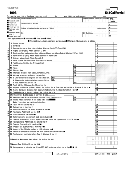 Fillable Form 541 - California Fiduciary Income Tax Return - 1998 Printable pdf
