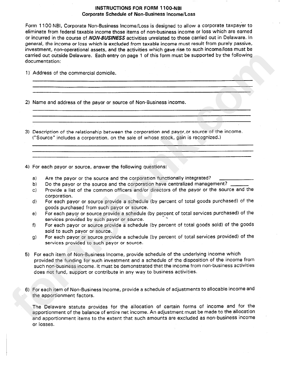 Instructions For Form 1100-Nbi - Corporate Shedule Of Non-Business Income/loss
