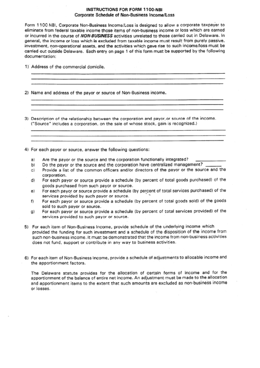 Instructions For Form 1100-Nbi - Corporate Shedule Of Non-Business Income/loss Printable pdf