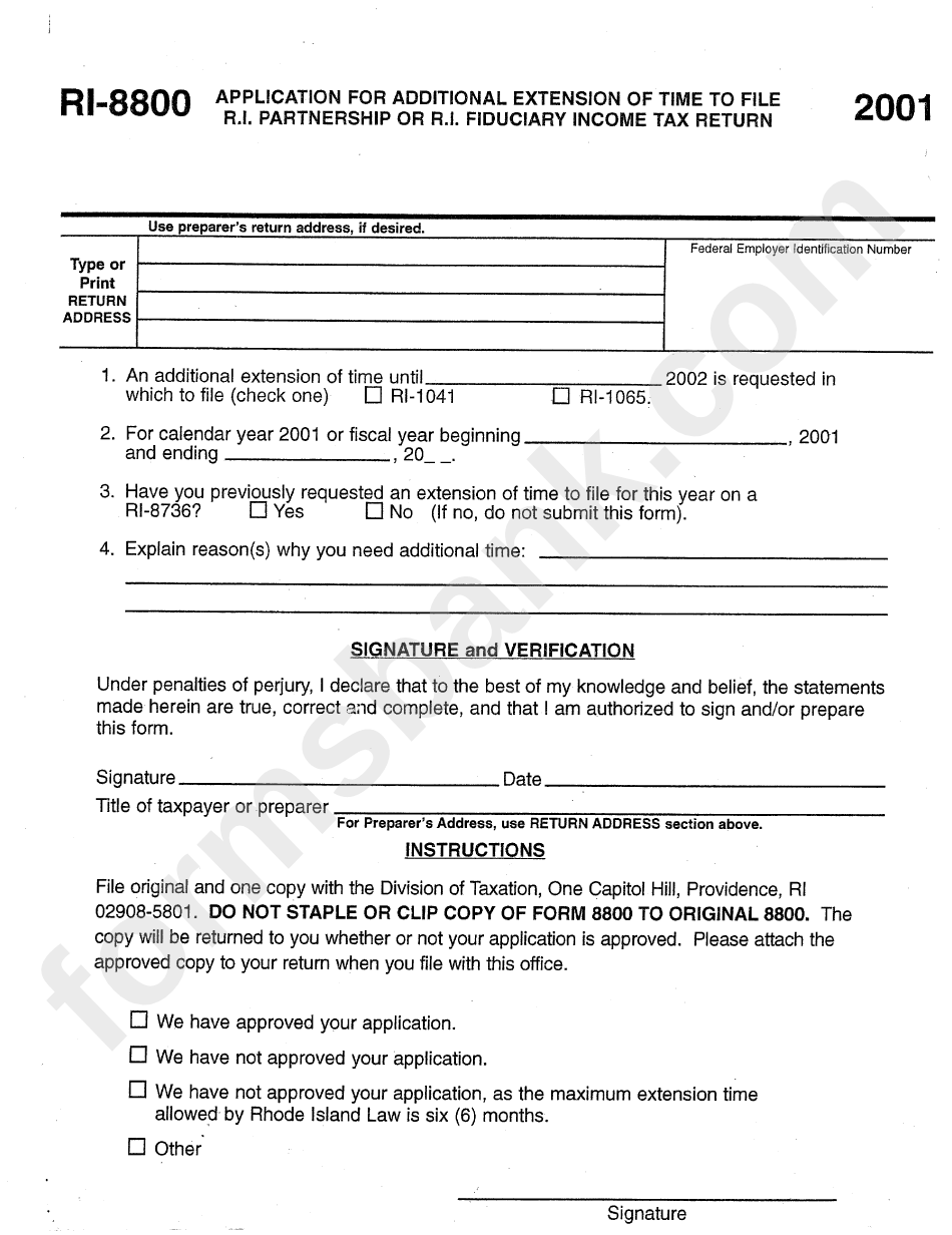Form Ri-8800 - Application For Additional Extension Of Time To File R.i. Partnership Or R.i. Fiduciary Income Tax Return - 2001