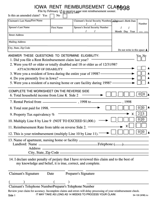 Fillable Form 54130 Iowa Rent Reimbursement Claim And Total