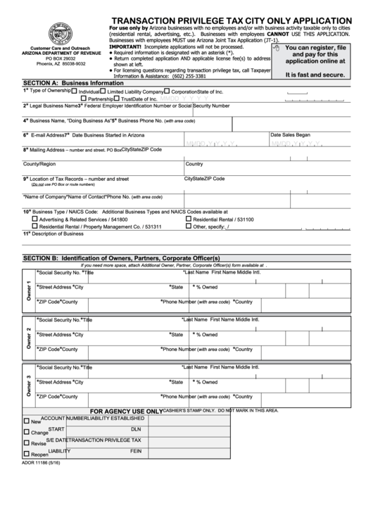 Fillable Form Ador 11186 - Transaction Privilege Tax City Only Application Printable pdf