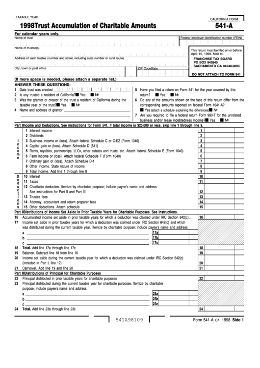 Fillable Form 541-A - Trust Accumulation Of Charitable Amounts - 1998 Printable pdf