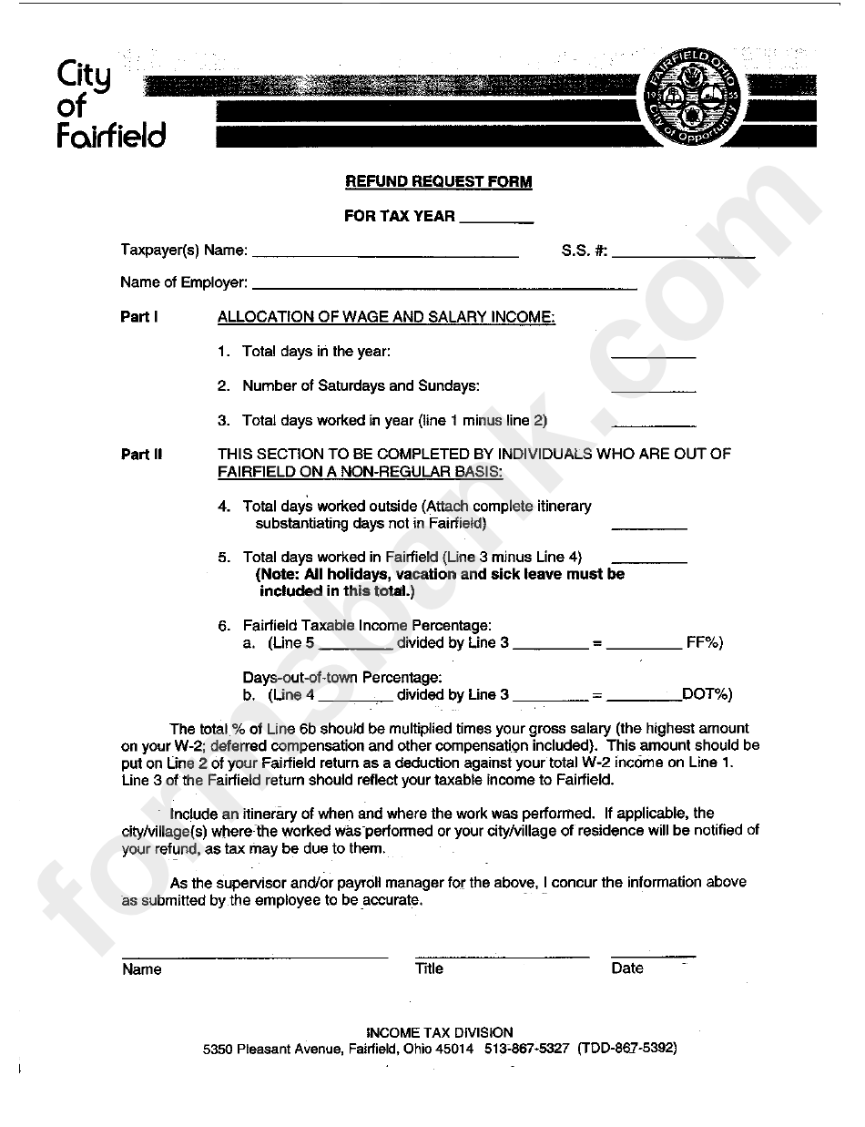 Refund Request Form - City Of Fairfield