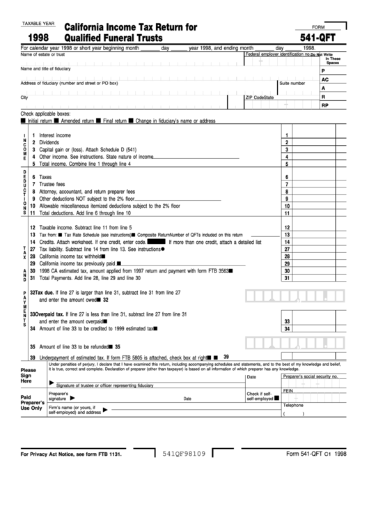 Fillable Form 541-Qft - California Income Tax Return For Qualified Funeral Trusts - 1998 Printable pdf