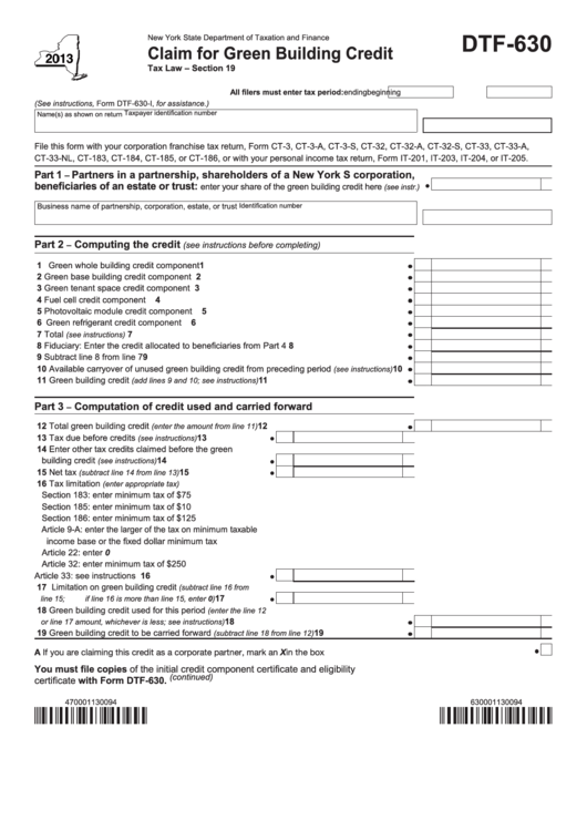 Fillable Form Dtf-630 - Claim For Green Building Credit - New York State Department Of Taxation, 2013 Printable pdf