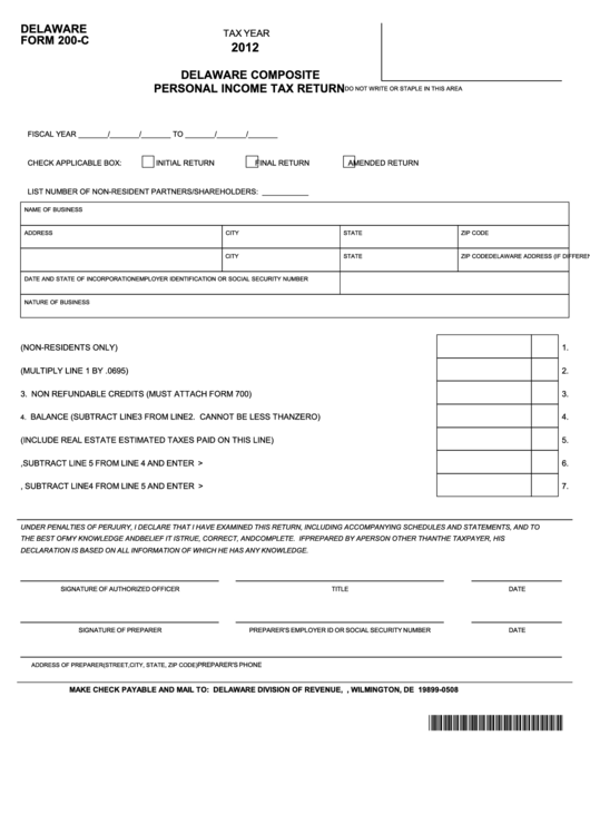 Delaware Form 200-C - Delaware Composite Personal Income Tax Return - 2012 Printable pdf